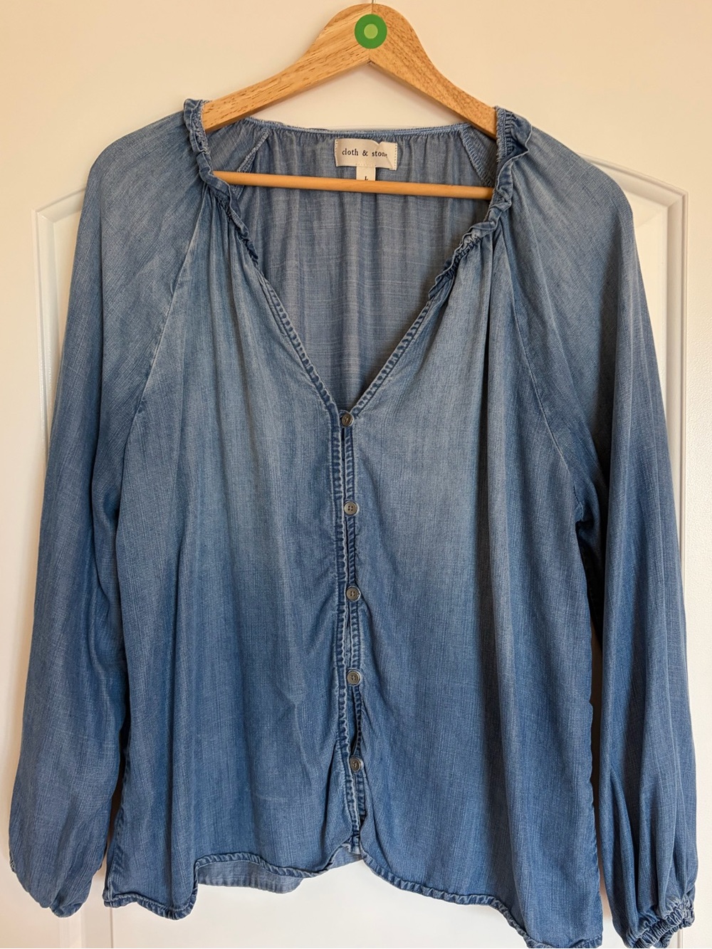 Cloth and stone tencel denim shirt. Faded blue. Size L. Ruffle neck from Anthro